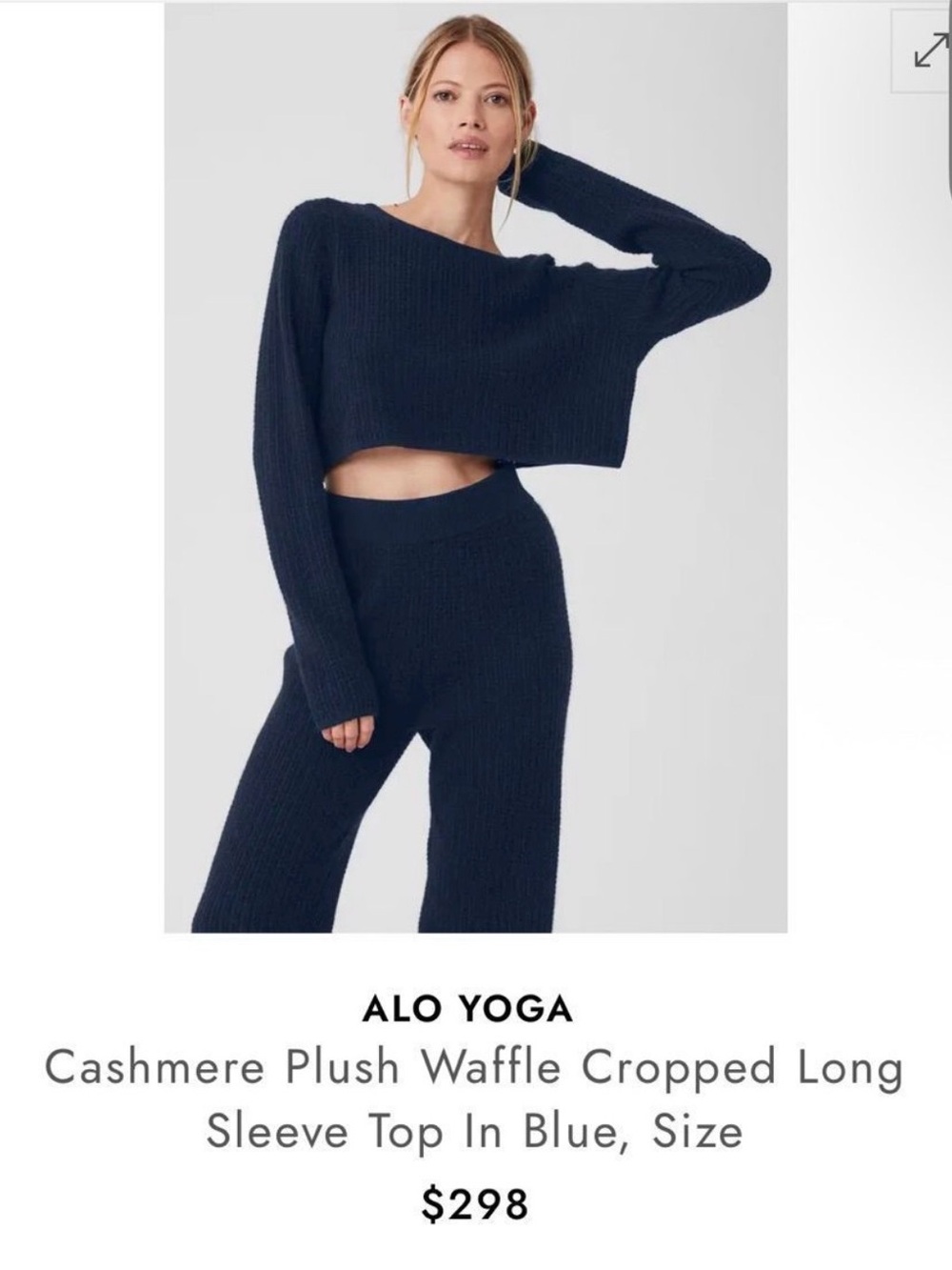 ALO Yoga Navy Blue Cashmere Plush Waffle Cropped Crew Neck Sweater